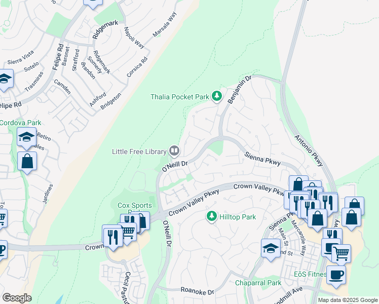 map of restaurants, bars, coffee shops, grocery stores, and more near 25 Winfield Drive in Ladera Ranch