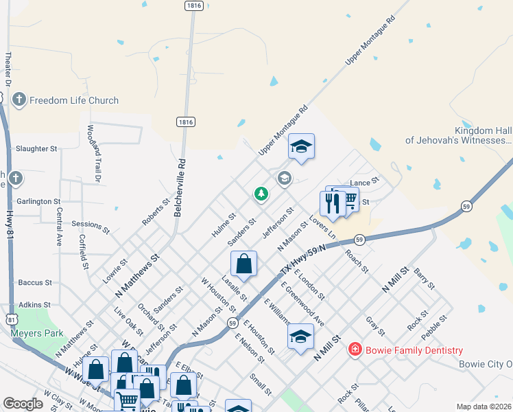 map of restaurants, bars, coffee shops, grocery stores, and more near 1310 Sanders Street in Bowie