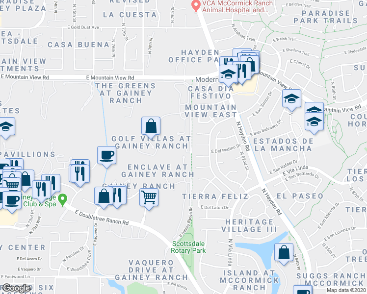 map of restaurants, bars, coffee shops, grocery stores, and more near 7770 East Gainey Ranch Road in Scottsdale