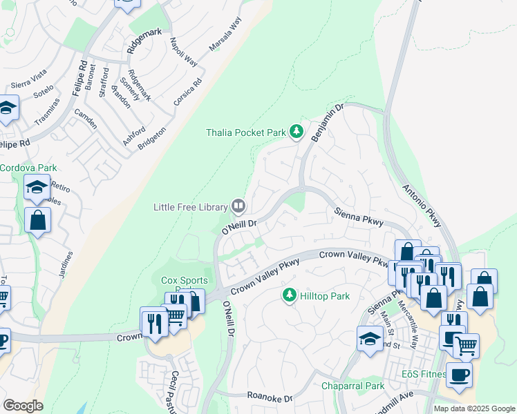 map of restaurants, bars, coffee shops, grocery stores, and more near 25 Winfield Drive in Ladera Ranch