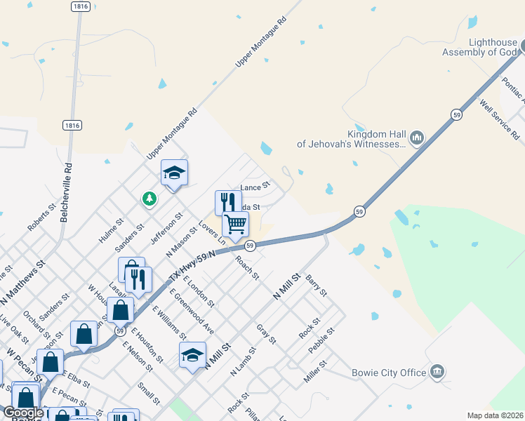 map of restaurants, bars, coffee shops, grocery stores, and more near 1516 Linda Street in Bowie