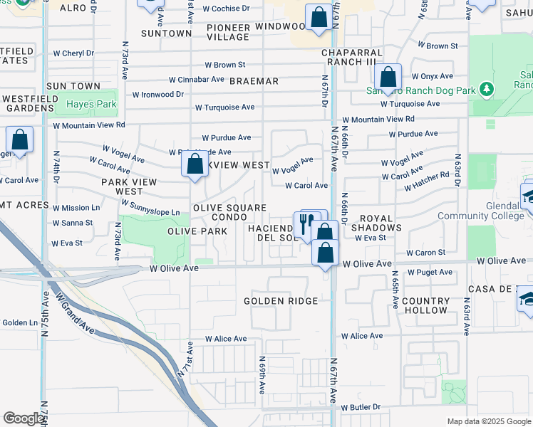 map of restaurants, bars, coffee shops, grocery stores, and more near 9166 North 68th Lane in Peoria