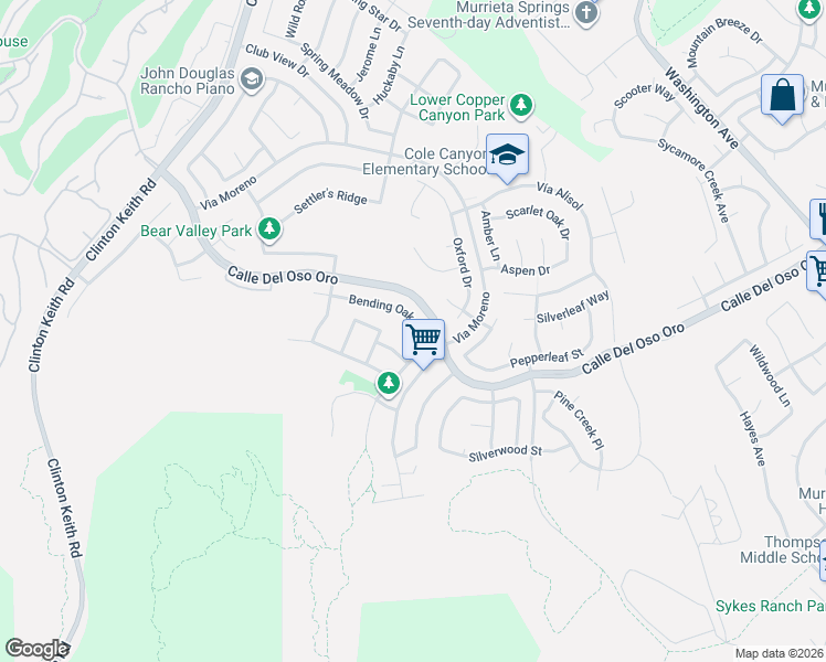 map of restaurants, bars, coffee shops, grocery stores, and more near 23553 Bending Oak Court in Murrieta