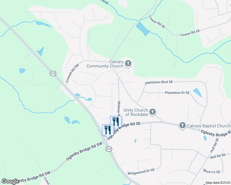map of restaurants, bars, coffee shops, grocery stores, and more near 4524 Wentworth Place Southwest in Conyers