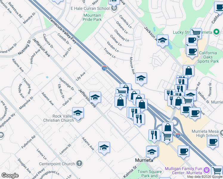 map of restaurants, bars, coffee shops, grocery stores, and more near 41250 Winterberry Street in Murrieta