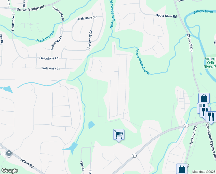 map of restaurants, bars, coffee shops, grocery stores, and more near 175 Betty Ann Lane in Covington