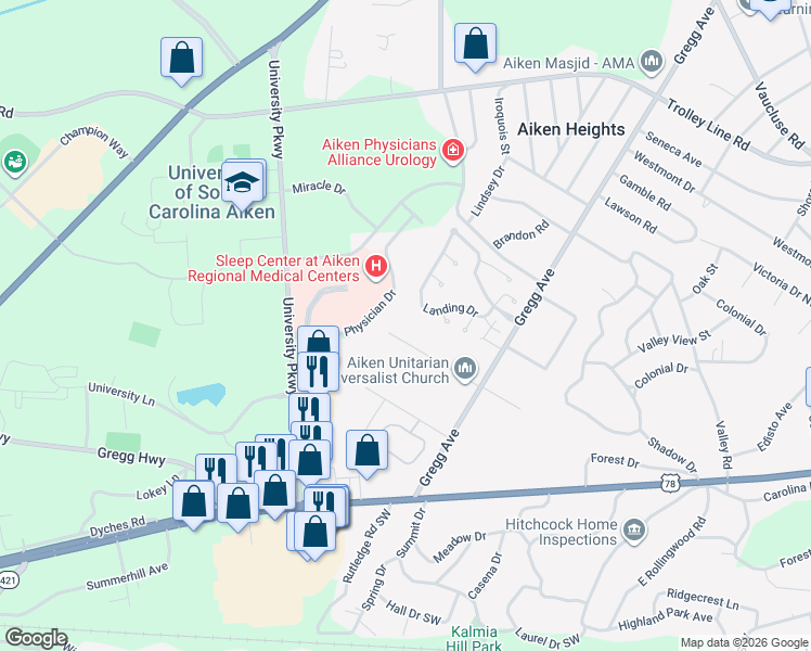 map of restaurants, bars, coffee shops, grocery stores, and more near 3520 Derby Lane in Aiken