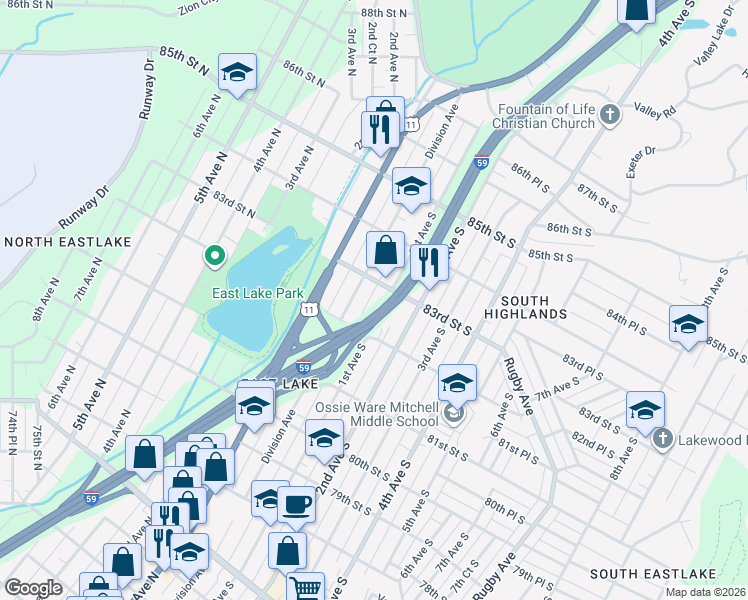 map of restaurants, bars, coffee shops, grocery stores, and more near 18 83rd Street South in Birmingham