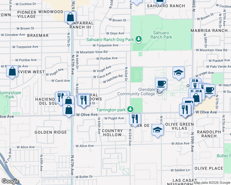 map of restaurants, bars, coffee shops, grocery stores, and more near 6353 West Mission Lane in Glendale