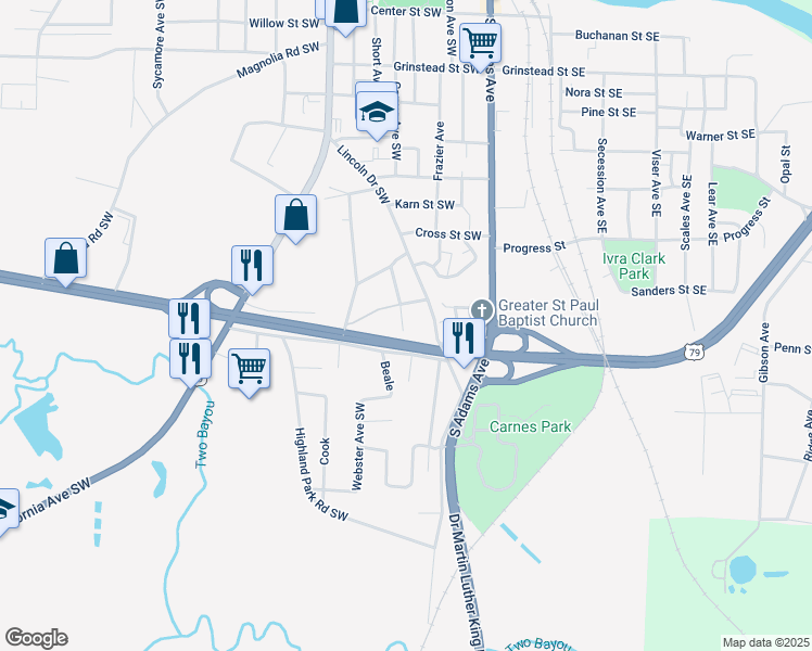 map of restaurants, bars, coffee shops, grocery stores, and more near 871 Brooks Avenue Southwest in Camden