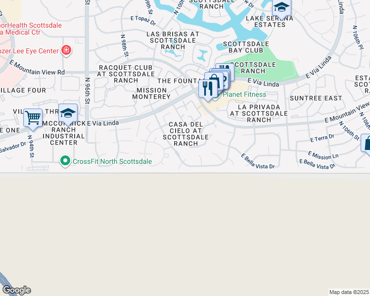 map of restaurants, bars, coffee shops, grocery stores, and more near 10055 East Cll De Cielo in Scottsdale