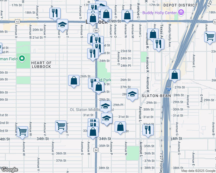 map of restaurants, bars, coffee shops, grocery stores, and more near 1524 27th Street in Lubbock