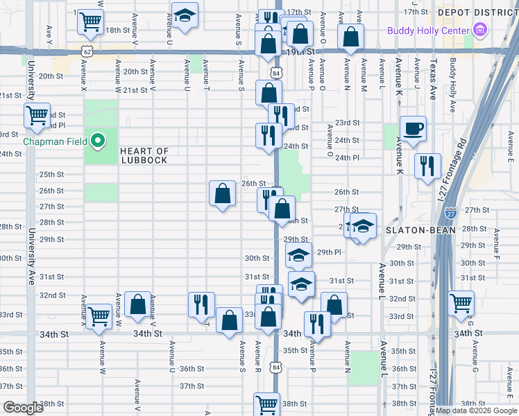 map of restaurants, bars, coffee shops, grocery stores, and more near 1707 27th Street in Lubbock