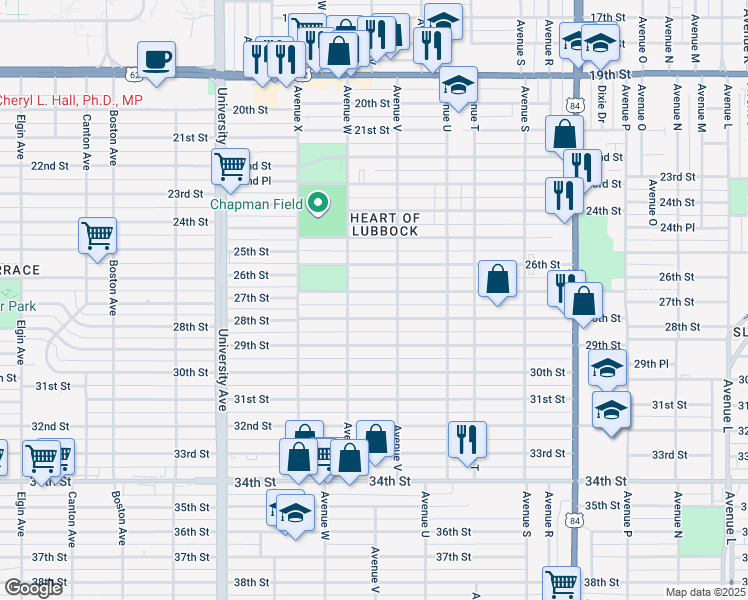 map of restaurants, bars, coffee shops, grocery stores, and more near 2203 27th Street in Lubbock