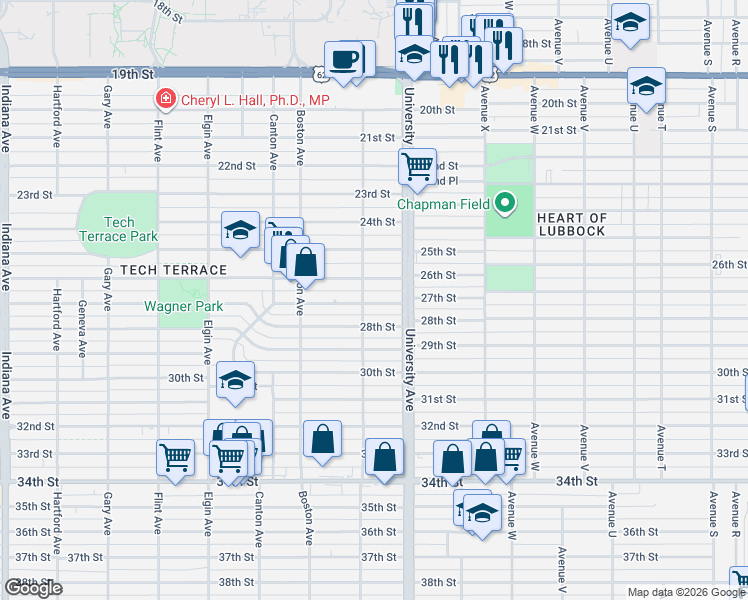 map of restaurants, bars, coffee shops, grocery stores, and more near 2608 Akron Avenue in Lubbock