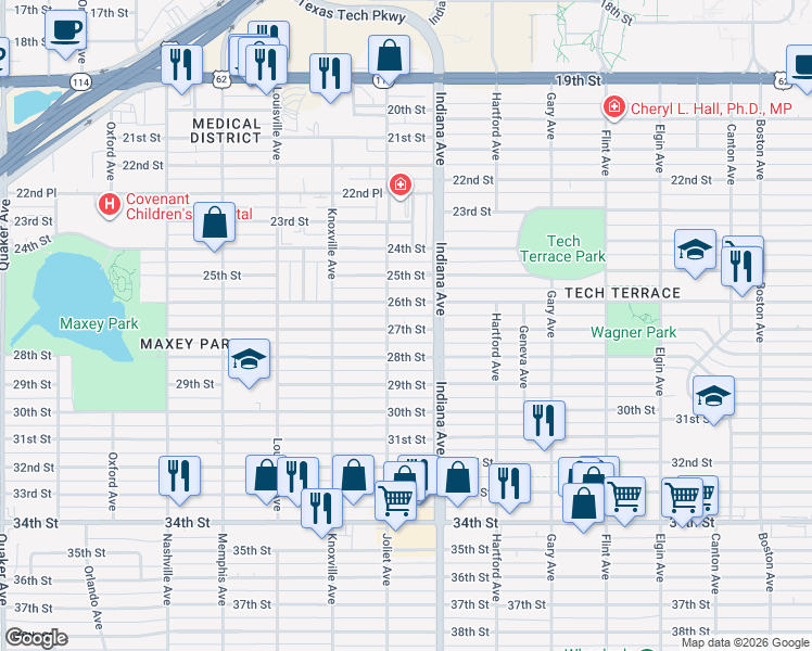 map of restaurants, bars, coffee shops, grocery stores, and more near 3412 27th Street in Lubbock