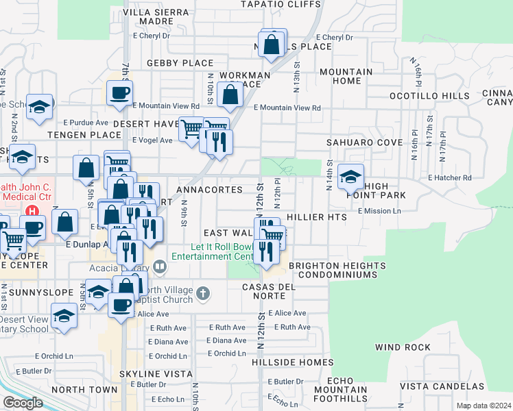 map of restaurants, bars, coffee shops, grocery stores, and more near 1139 East Sunnyslope Lane in Phoenix