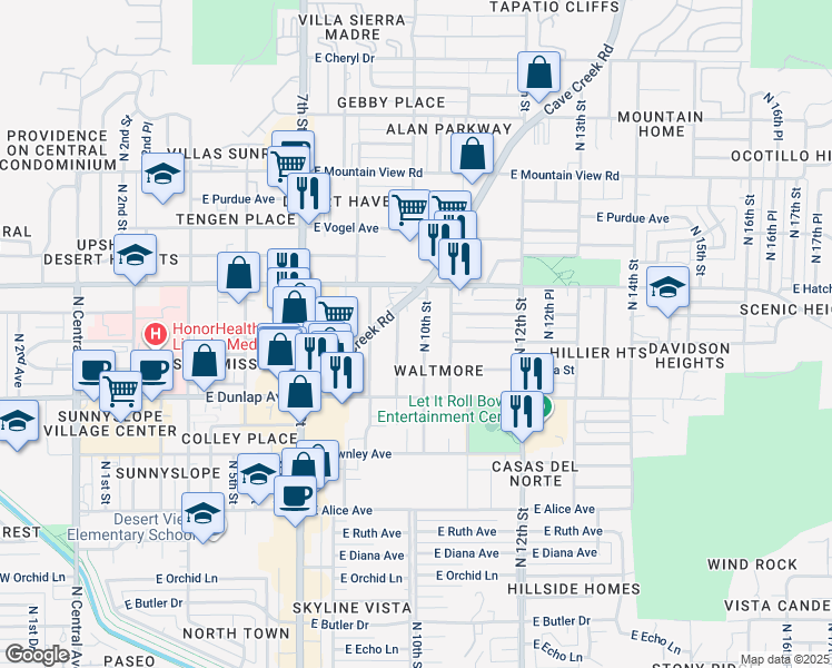 map of restaurants, bars, coffee shops, grocery stores, and more near 9216 North 10th Street in Phoenix