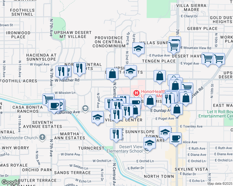 map of restaurants, bars, coffee shops, grocery stores, and more near 9208 North Central Avenue in Phoenix