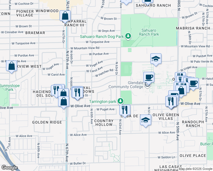 map of restaurants, bars, coffee shops, grocery stores, and more near 6353 West Mission Lane in Glendale