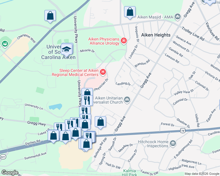 map of restaurants, bars, coffee shops, grocery stores, and more near 3520 Derby Lane in Aiken