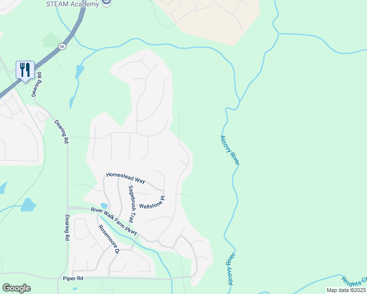 map of restaurants, bars, coffee shops, grocery stores, and more near 47 River Walk Farm Parkway in Covington