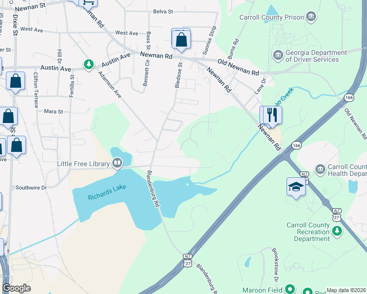 map of restaurants, bars, coffee shops, grocery stores, and more near 207 Lane Drive in Carrollton