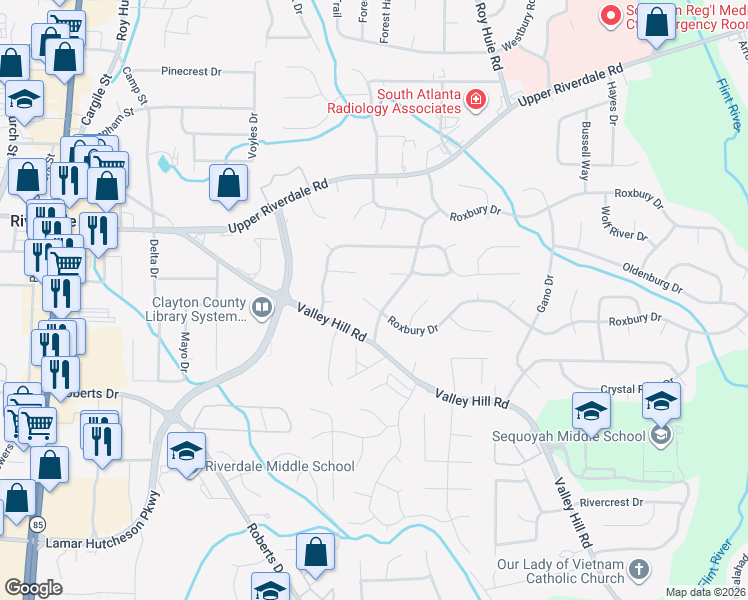 map of restaurants, bars, coffee shops, grocery stores, and more near 679 Roxbury Drive in Riverdale