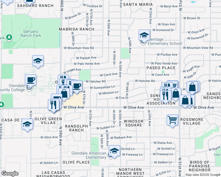 map of restaurants, bars, coffee shops, grocery stores, and more near 5533 West Sunnyslope Lane in Glendale