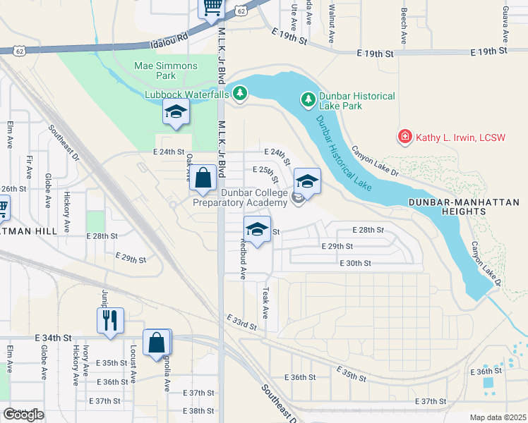 map of restaurants, bars, coffee shops, grocery stores, and more near 2702 Teak Avenue in Lubbock