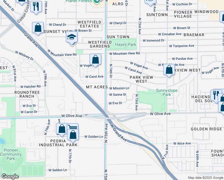 map of restaurants, bars, coffee shops, grocery stores, and more near 7439 West Mission Lane in Peoria