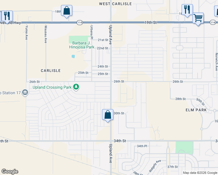 map of restaurants, bars, coffee shops, grocery stores, and more near 2602 Upland Avenue in Lubbock