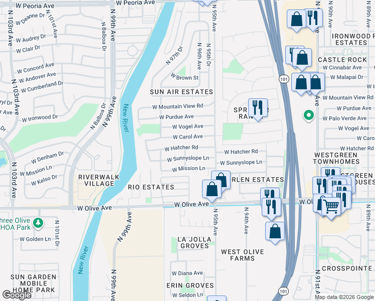 map of restaurants, bars, coffee shops, grocery stores, and more near 9573 West Hatcher Road in Peoria