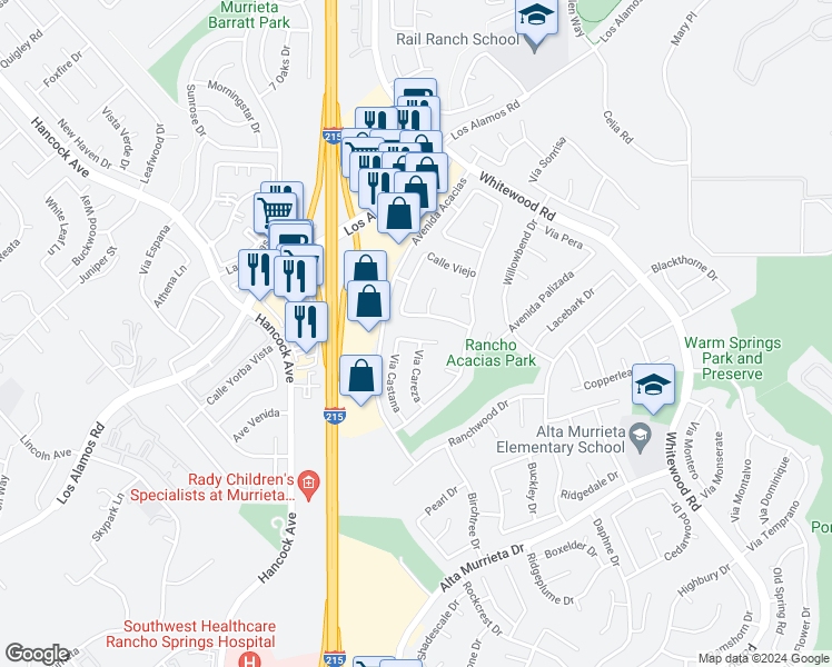 map of restaurants, bars, coffee shops, grocery stores, and more near 25206 Corte Oranada in Murrieta