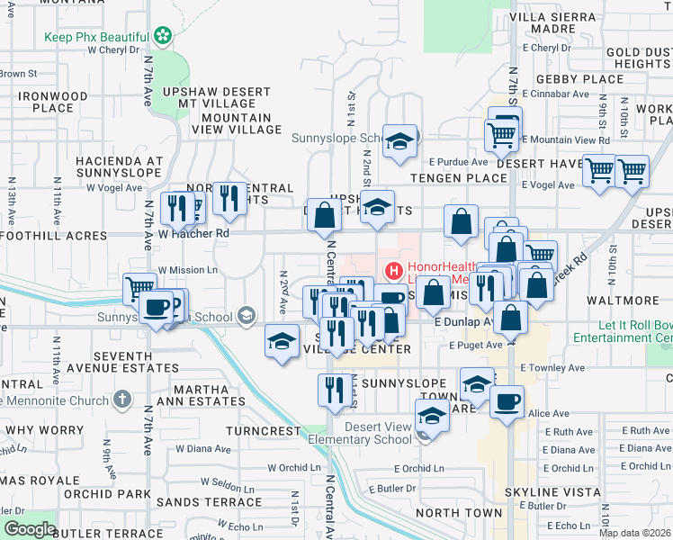 map of restaurants, bars, coffee shops, grocery stores, and more near 9208 North Central Avenue in Phoenix