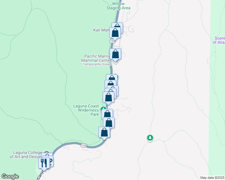 map of restaurants, bars, coffee shops, grocery stores, and more near 21065 Raquel Road in Laguna Beach