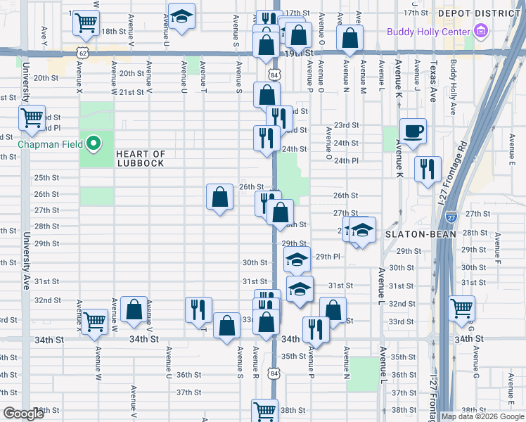 map of restaurants, bars, coffee shops, grocery stores, and more near 1707 27th St in Lubbock