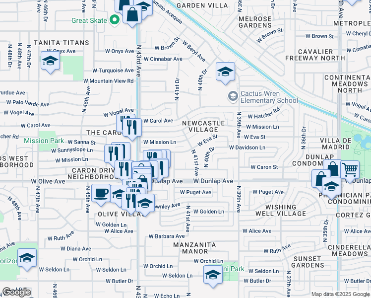 map of restaurants, bars, coffee shops, grocery stores, and more near 4110 West Eva Street in Phoenix