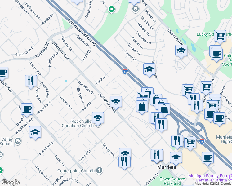 map of restaurants, bars, coffee shops, grocery stores, and more near 24228 Blackberry Street in Murrieta