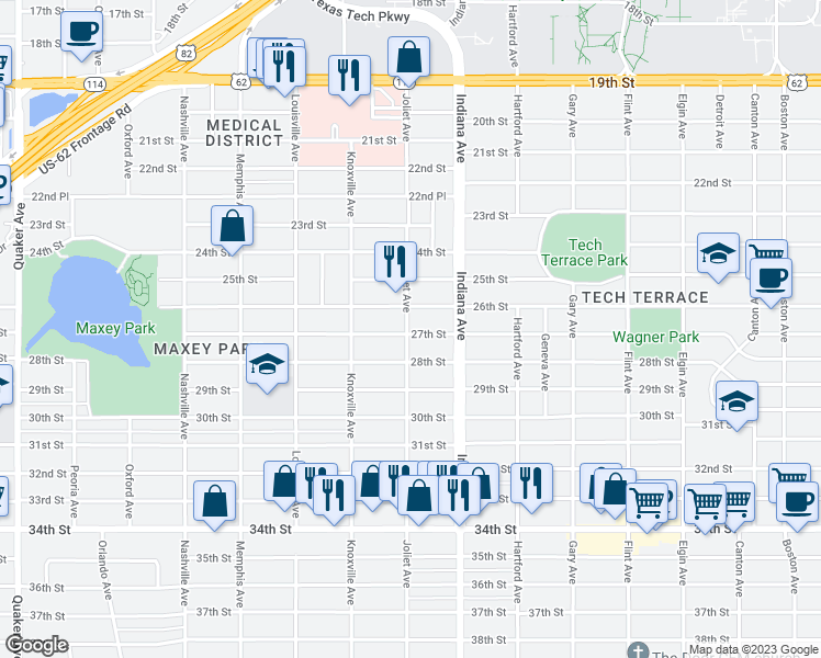 map of restaurants, bars, coffee shops, grocery stores, and more near 3420 27th Street in Lubbock