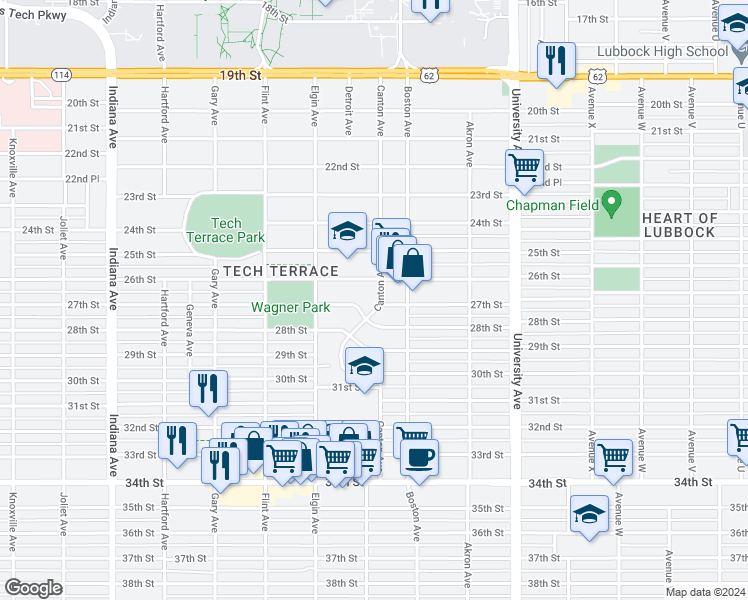 map of restaurants, bars, coffee shops, grocery stores, and more near 2610 Canton Avenue in Lubbock