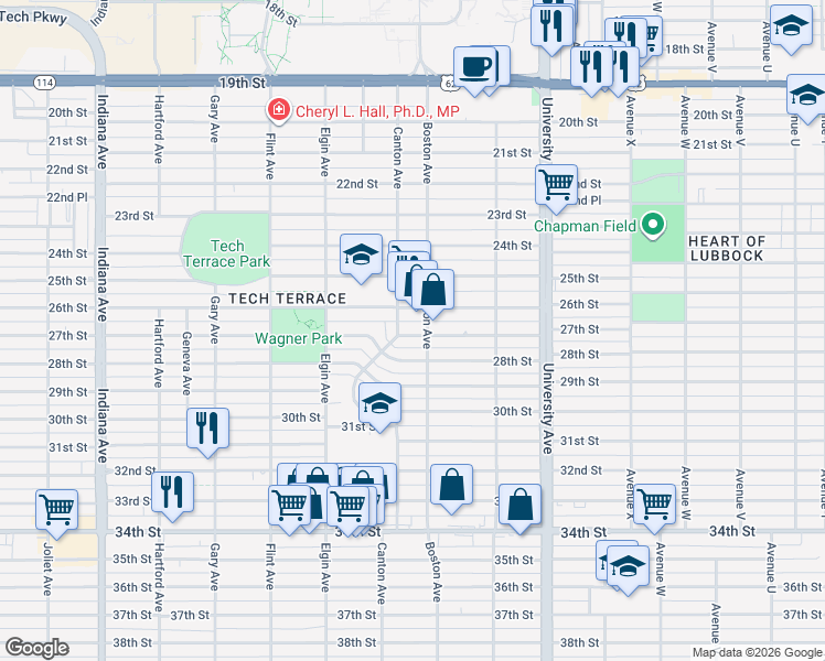 map of restaurants, bars, coffee shops, grocery stores, and more near 2704 27th Street in Lubbock