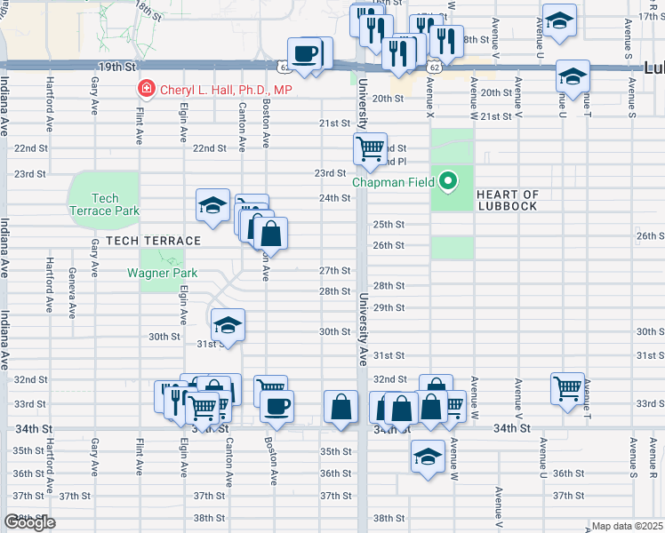 map of restaurants, bars, coffee shops, grocery stores, and more near 2608 Akron Avenue in Lubbock