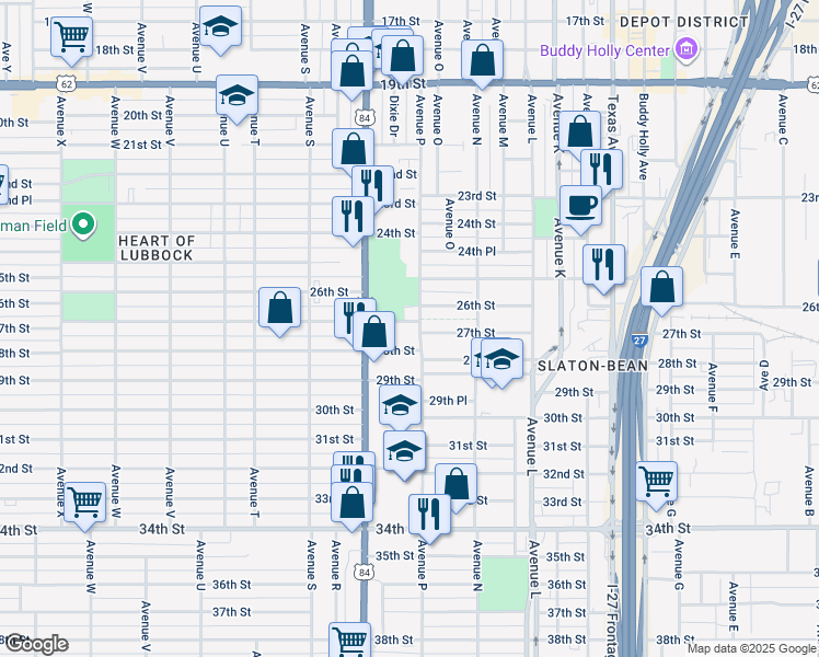 map of restaurants, bars, coffee shops, grocery stores, and more near 1603 27th Street in Lubbock