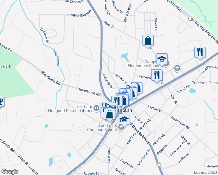 map of restaurants, bars, coffee shops, grocery stores, and more near 118 Golightly Street in Fairburn