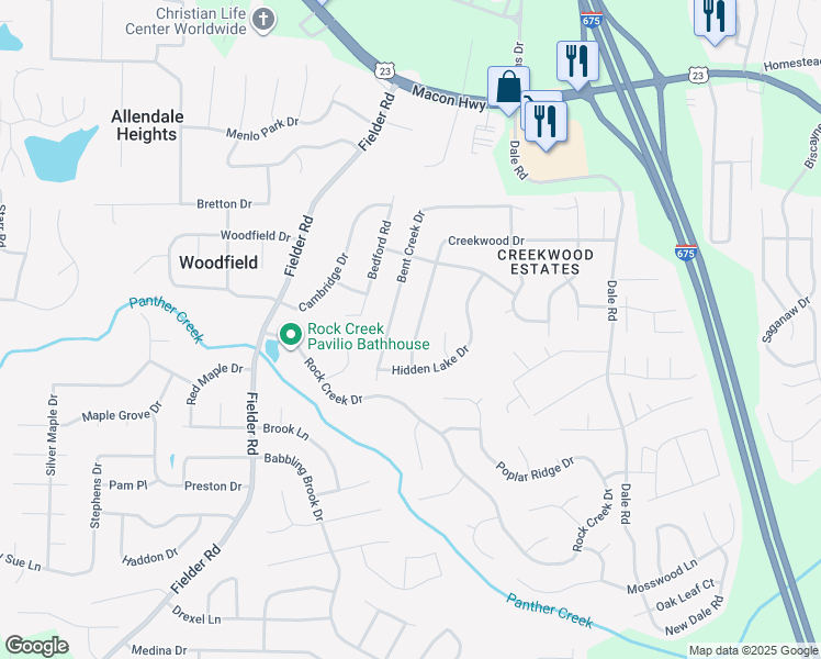 map of restaurants, bars, coffee shops, grocery stores, and more near 3164 Creekwood Drive in Rex