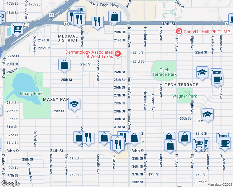 map of restaurants, bars, coffee shops, grocery stores, and more near 3418 27th Street in Lubbock