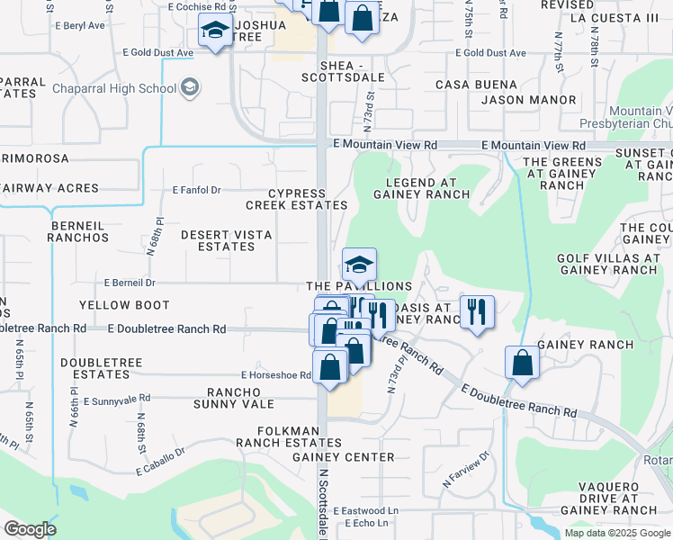 map of restaurants, bars, coffee shops, grocery stores, and more near 7272 East Gainey Ranch Road in Scottsdale