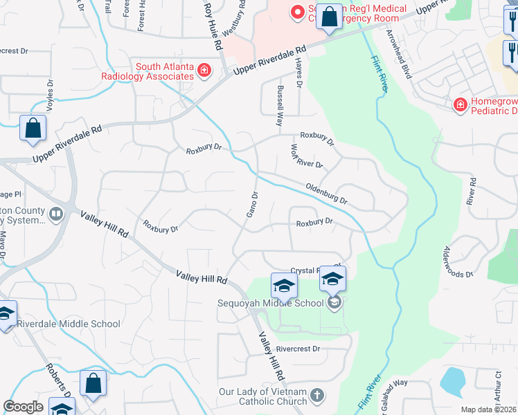 map of restaurants, bars, coffee shops, grocery stores, and more near 6746 Gano Drive in Riverdale