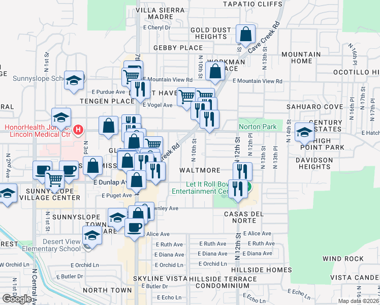 map of restaurants, bars, coffee shops, grocery stores, and more near 9216 North 10th Street in Phoenix